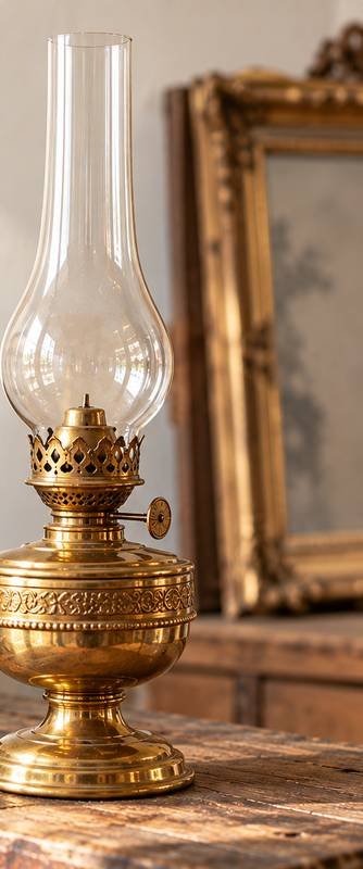Lampe à pétrole en laiton posée sur un buffet en bois, devant un cadre doré