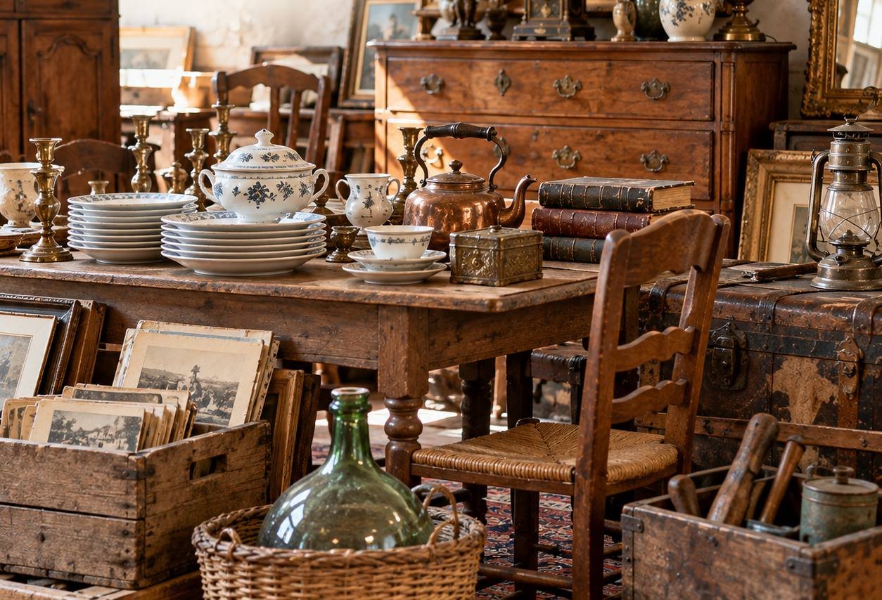 Table de ferme garnie de vaisselle ancienne, cuivres, livres et tableaux encadrés