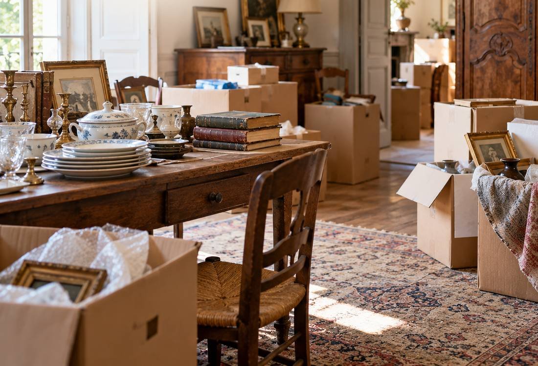 Pièce d'une maison en cours de vide-maison : cartons, vaisselle et cadres triés sur une table